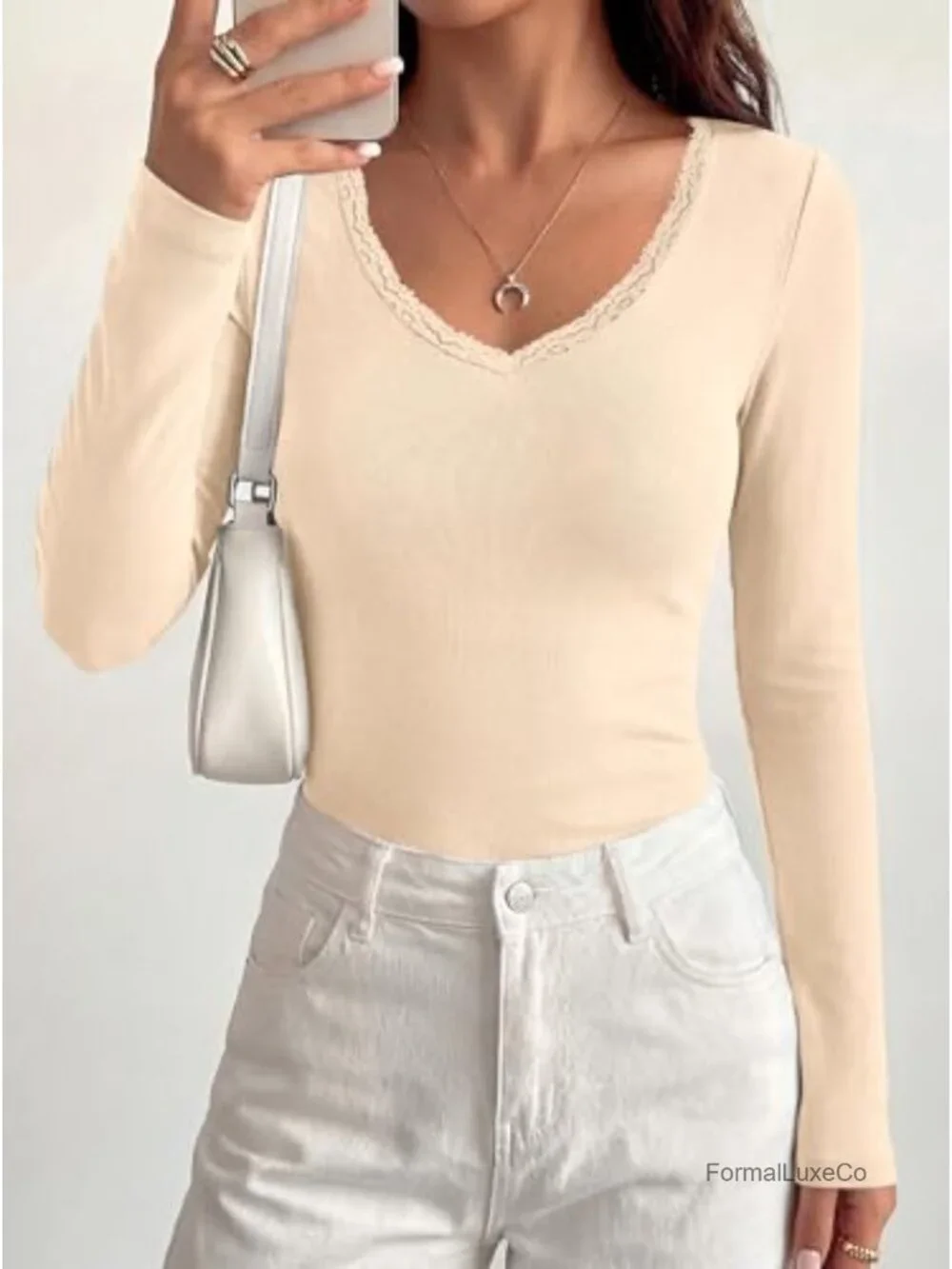 Lace Deep V Neck Long Sleeve Crop Top Women Slim Fit Going Out Tops
